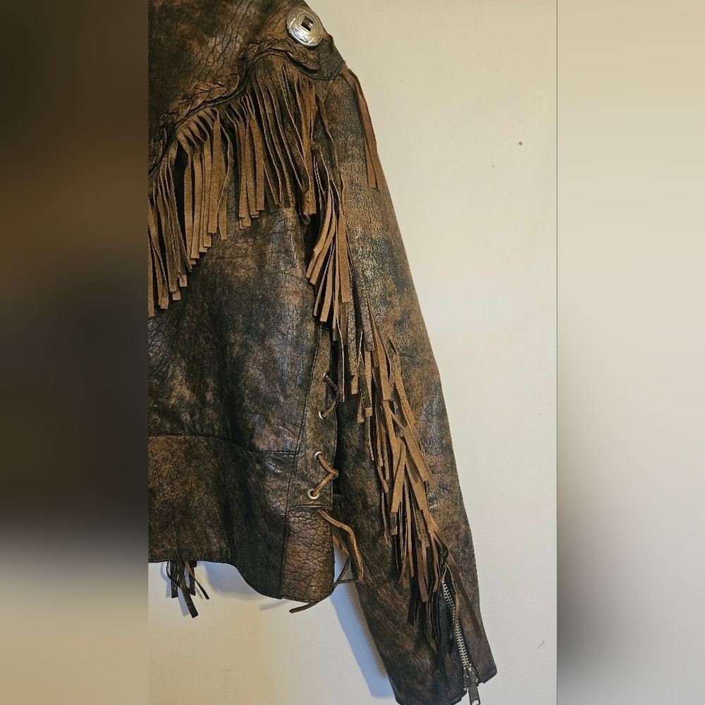 Vintage Western Fringe Real Leather Jacket Brown Distressed Boho Biker Cowgirl - Picture 8 of 16